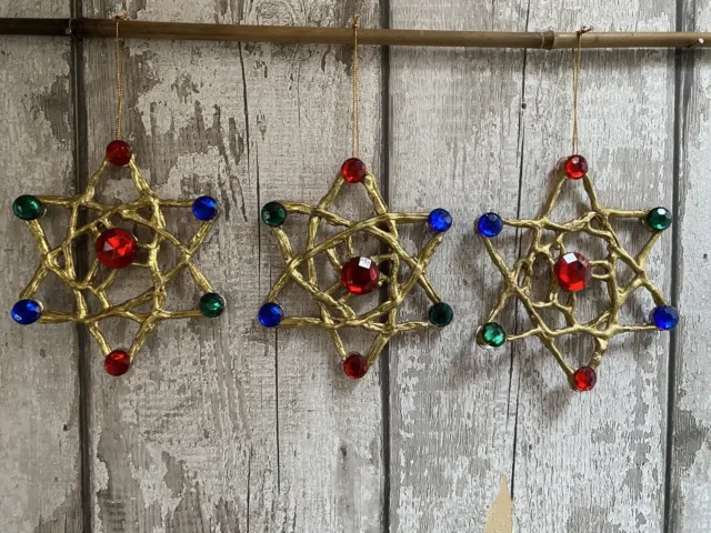 3 x Christmas Handmade Star Shaped Gold Jewel Tree Bauble Decorations