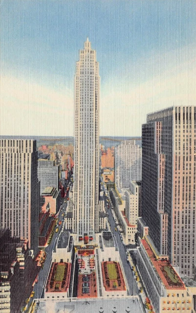 NEW YORK CITY Rockefeller Center Manhattan Skyline 1930s Linen Vtg