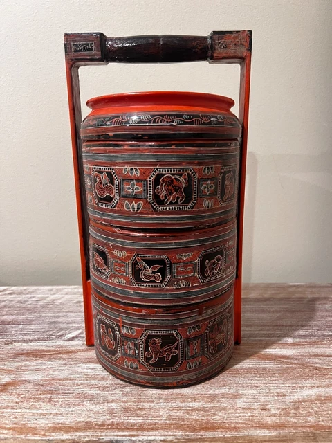Antique Burmese Stacking Lunch Box / Tiffin Box With Underglaze Decor 2