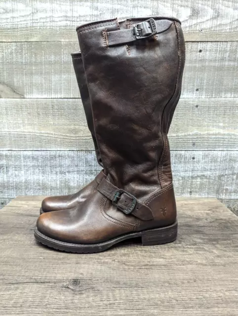 Frye Veronica Brown Slouch Tall Engineer Buckle Harness Moto Boots Womens 8 B 3