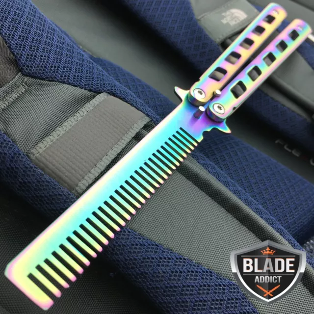 High Quality Rainbow BALISONG METAL BUTTERFLY COMB Trainer Dull Knife Blade NEW 2