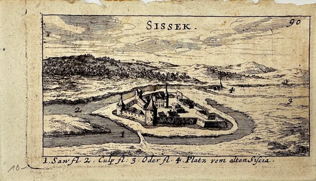 Antique Topography - "Sissek" - Enlarged Danube Beach - Sandrart - Nuremberg