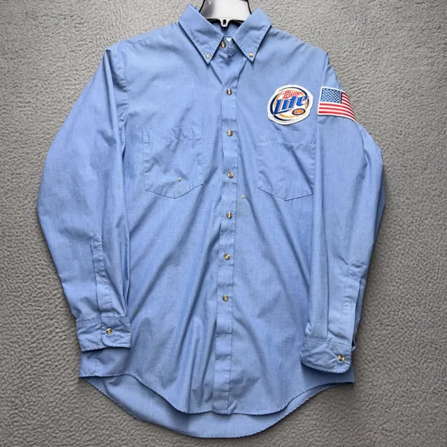 Miller Lite Work Shirt Mens Large Blue Long Sleeve Button Down Embroidered FLAW