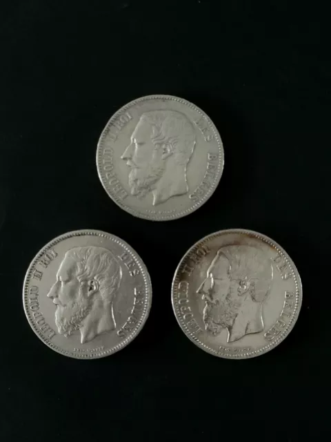 3x 5 Francs  Belgien Leopold II - Silber -  2x 1869 / 1x 1873