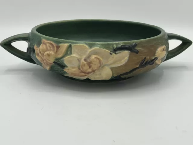 Vintage Roseville Pottery Green Double Handled Magnolia Bowl #447-6 1940's