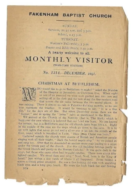 "MONTHLY VISITOR TRACT" ~ Dec 1941 ~ FAKENHAM BAPTIST CHURCH ~ WAR-TIME EDITION