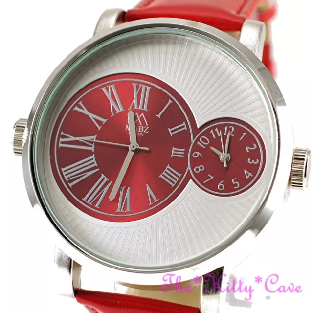 Designer Silber & Rot Leder Dual Time 2 Twin Zone Doppelzifferblatt Big Sunray Uhr 2