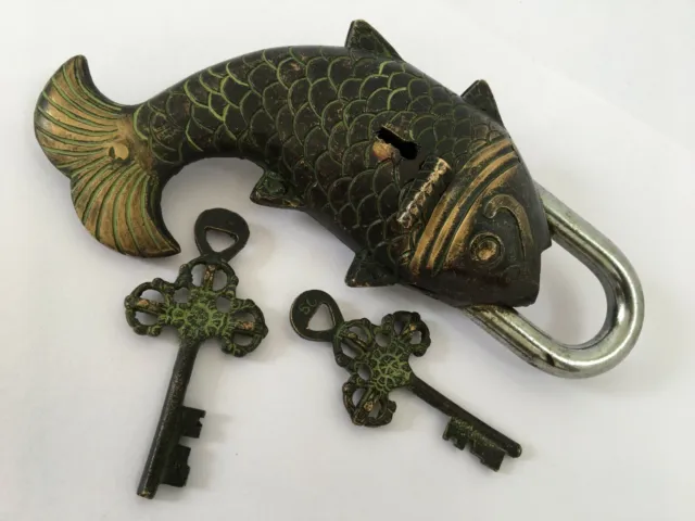 Lock Chinese Old Style Brass Vintage Brass Big Fish Locks 2 pic keys Padlock 3