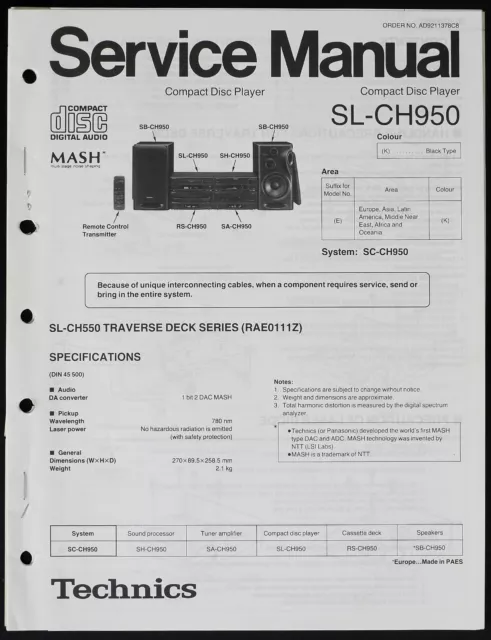 Original TECHNICS  SL-CH950 CD-Player Service Manual/Diagram/Parts List o179