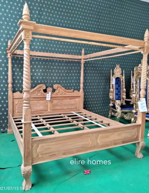 SOLID WOOD 6' Super King size Natural Upainted Queen Anne style Four Poster Bed