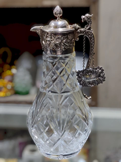 Antique Victorian Sterling Silver Mounted Cut Crystal Claret Jug 19th C