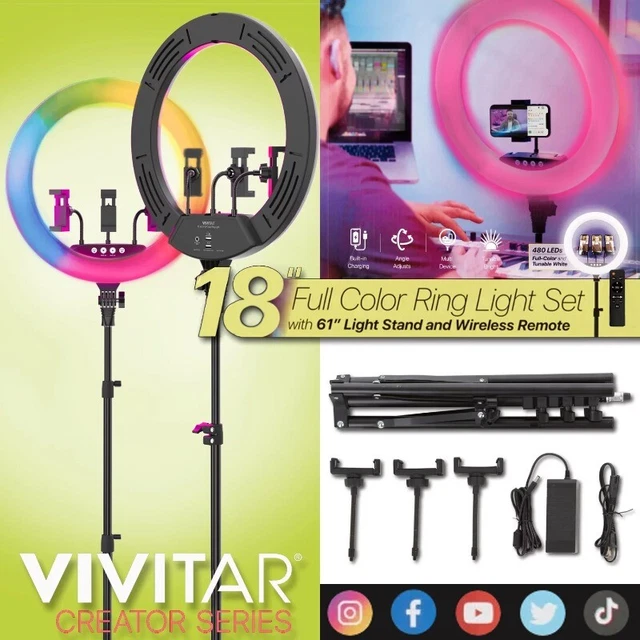 18" LED RGB Ring Light with Tripod, Phone Holder USB Charging Ports