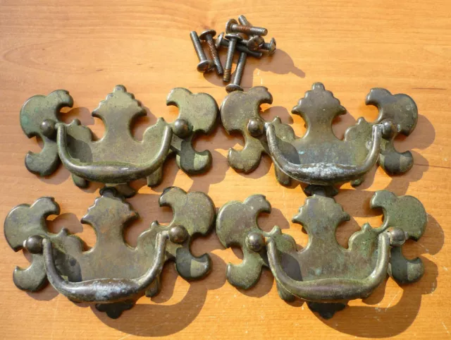 (4) Vintage Batwing Chippendale Style Brass Finish Drawer Pulls Handle Farmhouse