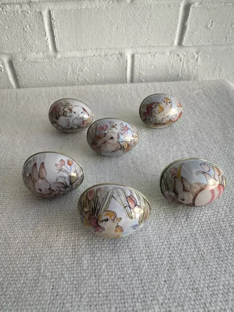 Enesco Vintage 1985 Metal Tin Easter Egg Lithograph Set Of 6 Eggs Hong Kong