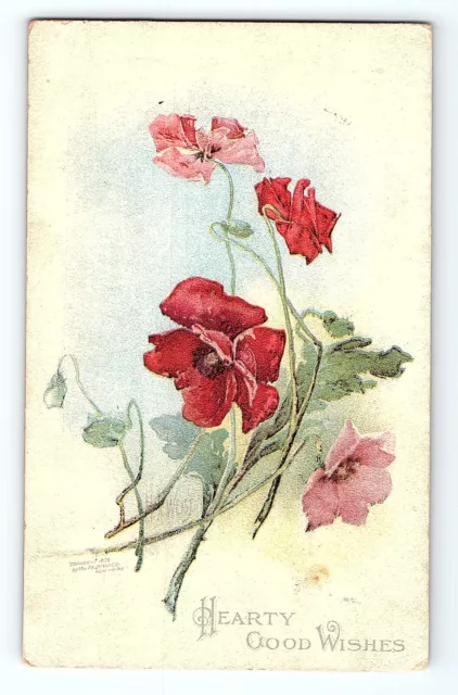 Large Red Rose Flowers Hearty Good Wishes Floral Greeting Card Vintage Postcard