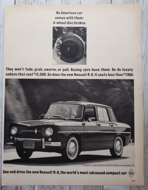 1962 Print Ad Renault R-8 Automobile Won't Fade Grab Swerve Or Pull