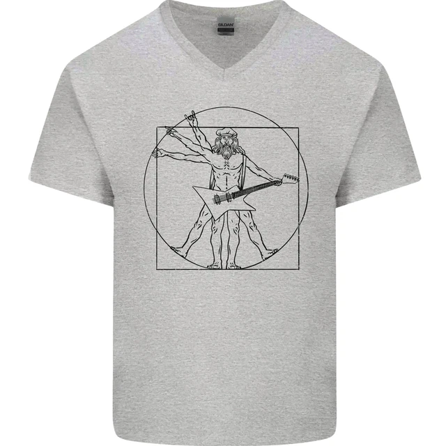 T-shirt da uomo chitarrista vitruviano Old Rocker chitarrista divertente scollo a V cotone