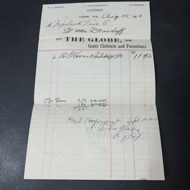 1900s York City Vigilant Fire Co Bill The Globe Gent Clothiers & Furnishers