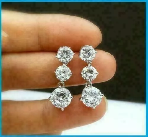 2 Ct  Round Cut Diamond Three Stone Drop & Dangle Earring 14k White Gold Finish