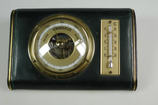 altes Barometer Thermometer Wetterstation Leder/Messing 60er Jahre