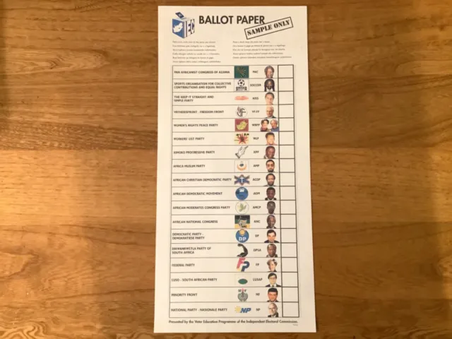 1994 South African General Election Sample Ballot - 1st Universal Free Election