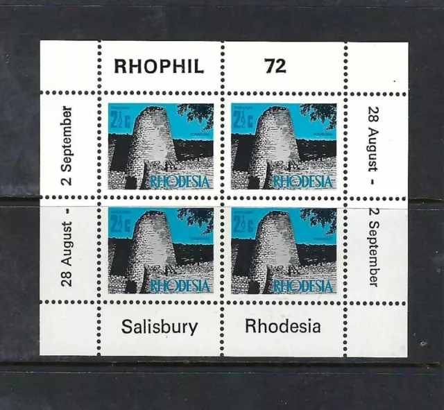 Rhodesia RHOPHIL 1972 2½c Minisheet, fully perforated. MUH.