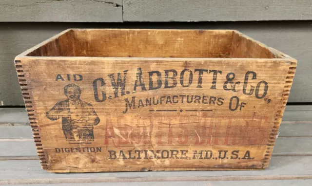 C W Abbott & Co Aromatic Bitters Antique Vintage Wooden Dovetail Wood Crate Box
