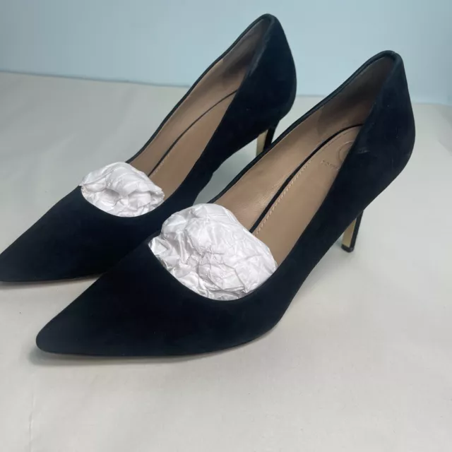 Tory Burch Elizabeth Black Suede Gold Logo Point Toe Women Heel Pump Size 8 M