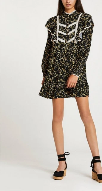 Mini abito nero dettaglio River Island Yoke taglia 10 pezzi di ricambio £48