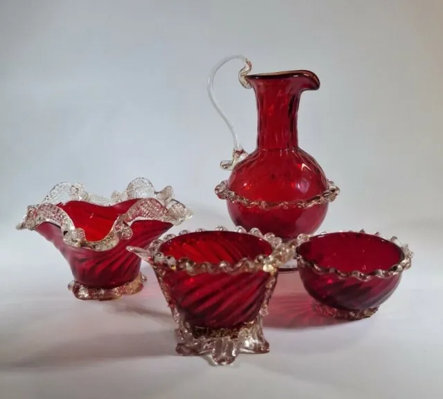 4x Murano 1960s Salviati Style Ruby Red Gold Inclusions Art Glass Bowls Vase