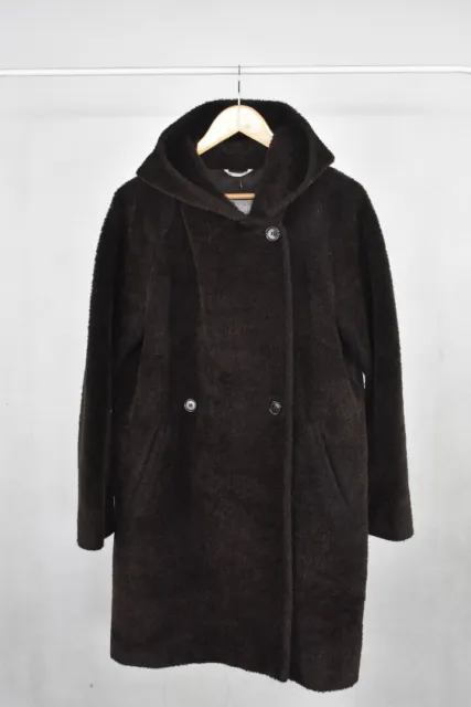 Max Mara Women's Coat UK Size 10 Alpaca & Wool Blend Brown Teddy Hooded