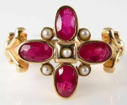 Unusual 9K 9Ct Gold  Indian Ruby & Pearl Art Deco Ins Cluster Ring Free Resize