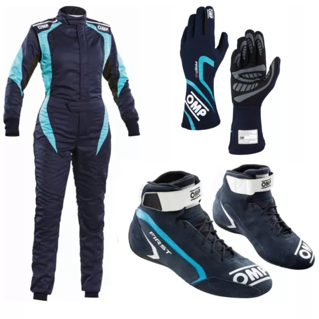 OMP Womens Driver Set Suit Gloves Shoes Bundle for Go Karting Rally Racing Blue