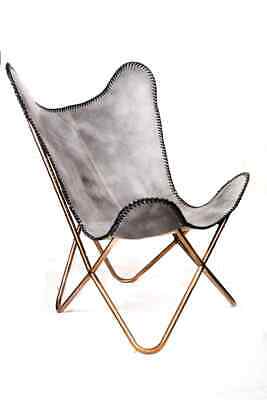 Handmade Real Leather Living Room Chairs-Butterfly Grey with iron golden stand