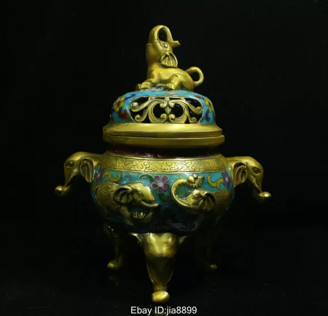 Marked Old Chinese Bronze Cloisonne Enamel Elephant Statue Incense Burner Censer