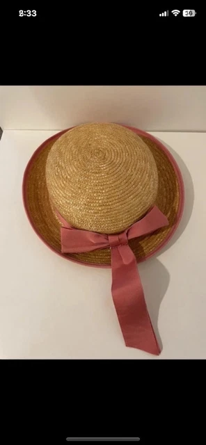 Laura Ashley Mother And Child Vintage Childs Straw Boater Hat With Pink Ribbon