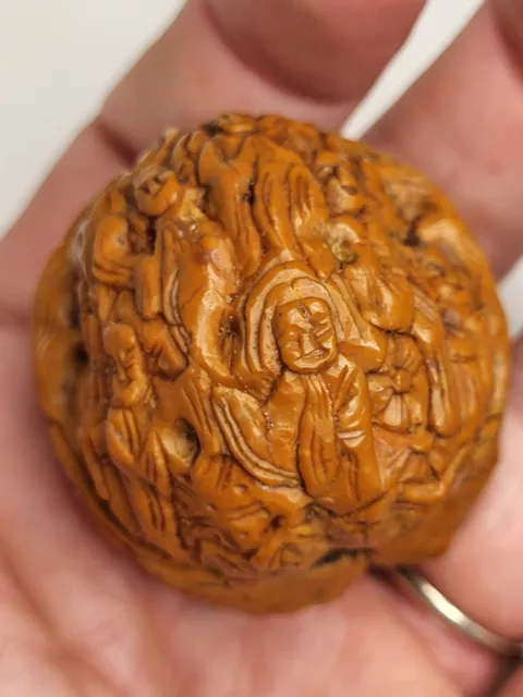 Vintage Hediao Asian Chinese Hand Carved Walnut Nut W/ Monks Carving