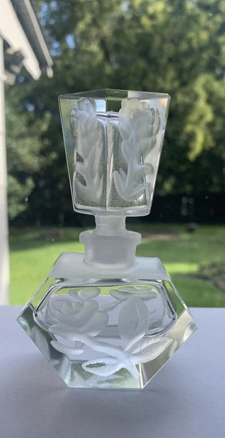 Etched Glass Clear & Frosted Glass Perfume Bottle Etched Flowers Vintage 4.25"