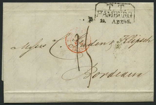 HAMBURG-THURN UND TAXISCHES O.P.A. 1845, T.T. HAMBURG, R3, auf Brief n. Bordeaux