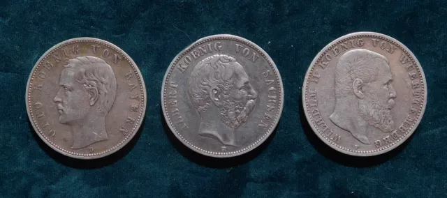 Lot: 3 Stück 5 Reichsmark Bayern, Sachsen, Württemberg, Silber Original,