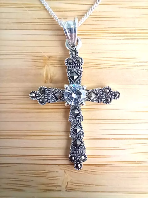 Art Deco 925 Sterling Silver Clear CZ Marcasite Cross Pendant Necklace Jewellery