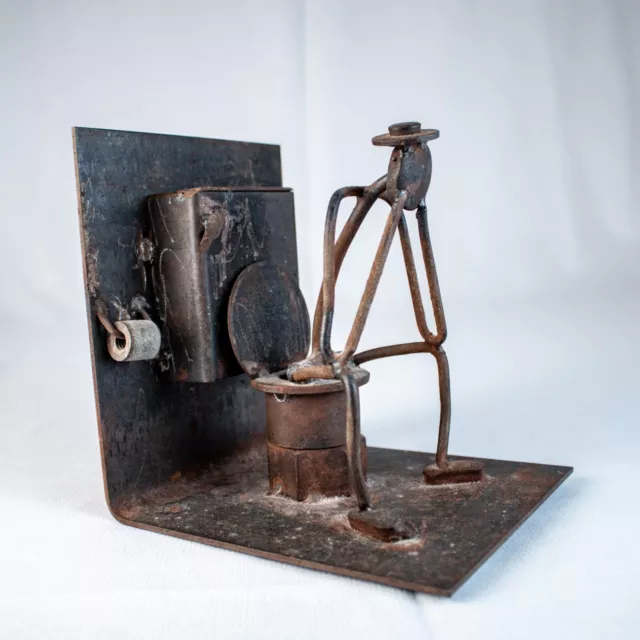 ANTIQUE  Hand Made Welded Metal Toilet Man Sculpture