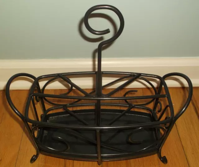 Vintage BLACK Wrought Iron SILVERWARE Utensil CADDY ~ Scroll Design ~ Handle