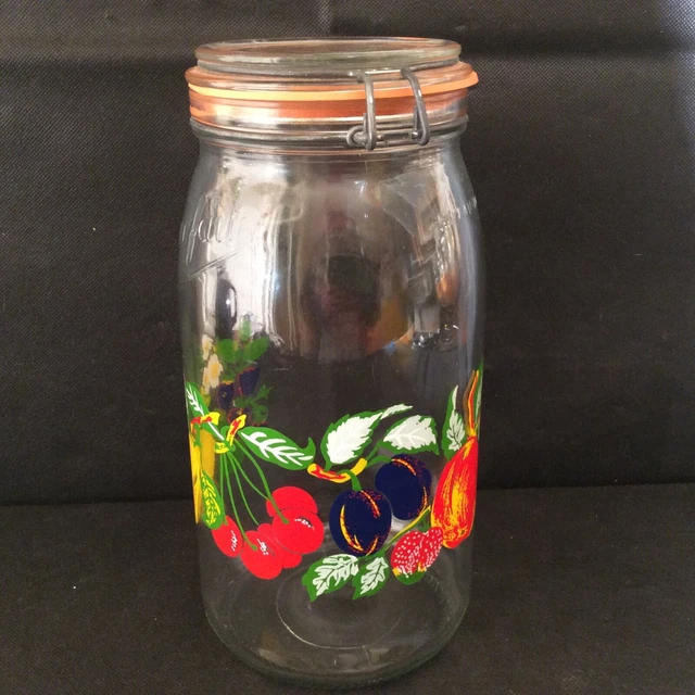 Bocal En Verre Le Parfait – Couvercle Jaune – Motif Fruits Vintage – Occasion – Hauteur 17 Cm