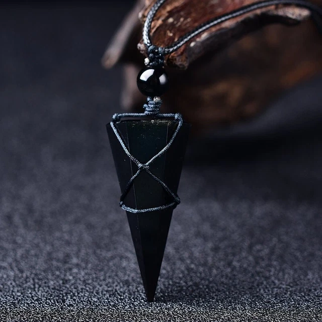 Natural Obsidian Stone Crystal Point Pendant Black Stone Charm Necklace Amulet