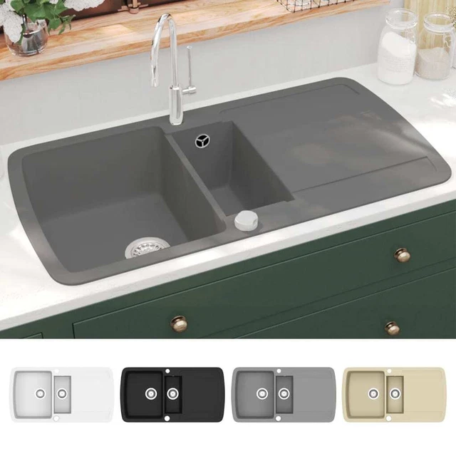 GRANITE KITCHEN SINK Double Basin Black Overmount with Basket Strainer vidaXL £201.99 PicClick UK