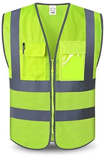 4 Pockets High Visibility Reflective Safety Vest - Mesh Lite Zipper Front, Large