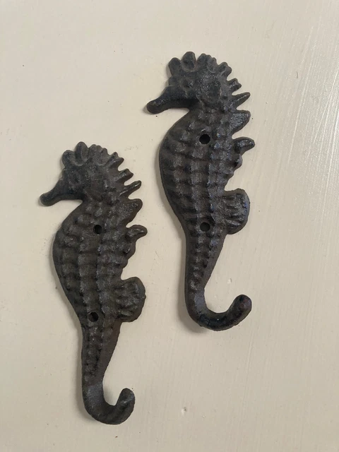 Bronze Metal Cast Iron Seahorse Design Hooks Nautical 5" Length Set of 2