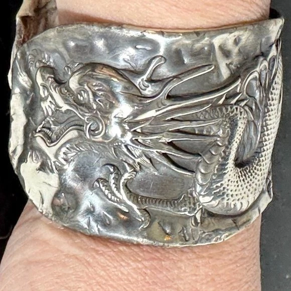 Chinese Four Toed Dragon Wang Hing Sterling Silver Cuff Bracelet Rare Antique