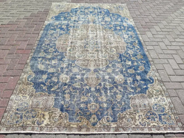Vintage Blue Rug Turkish Carpet Distressed Rugs Floor Carpet Oushak Rug 63"x109"